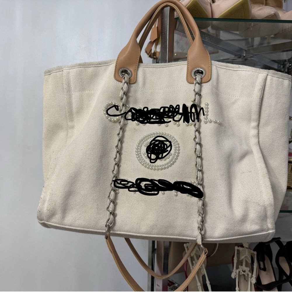 Versatile Cream and Tan Tote Bag with Chain Detailing